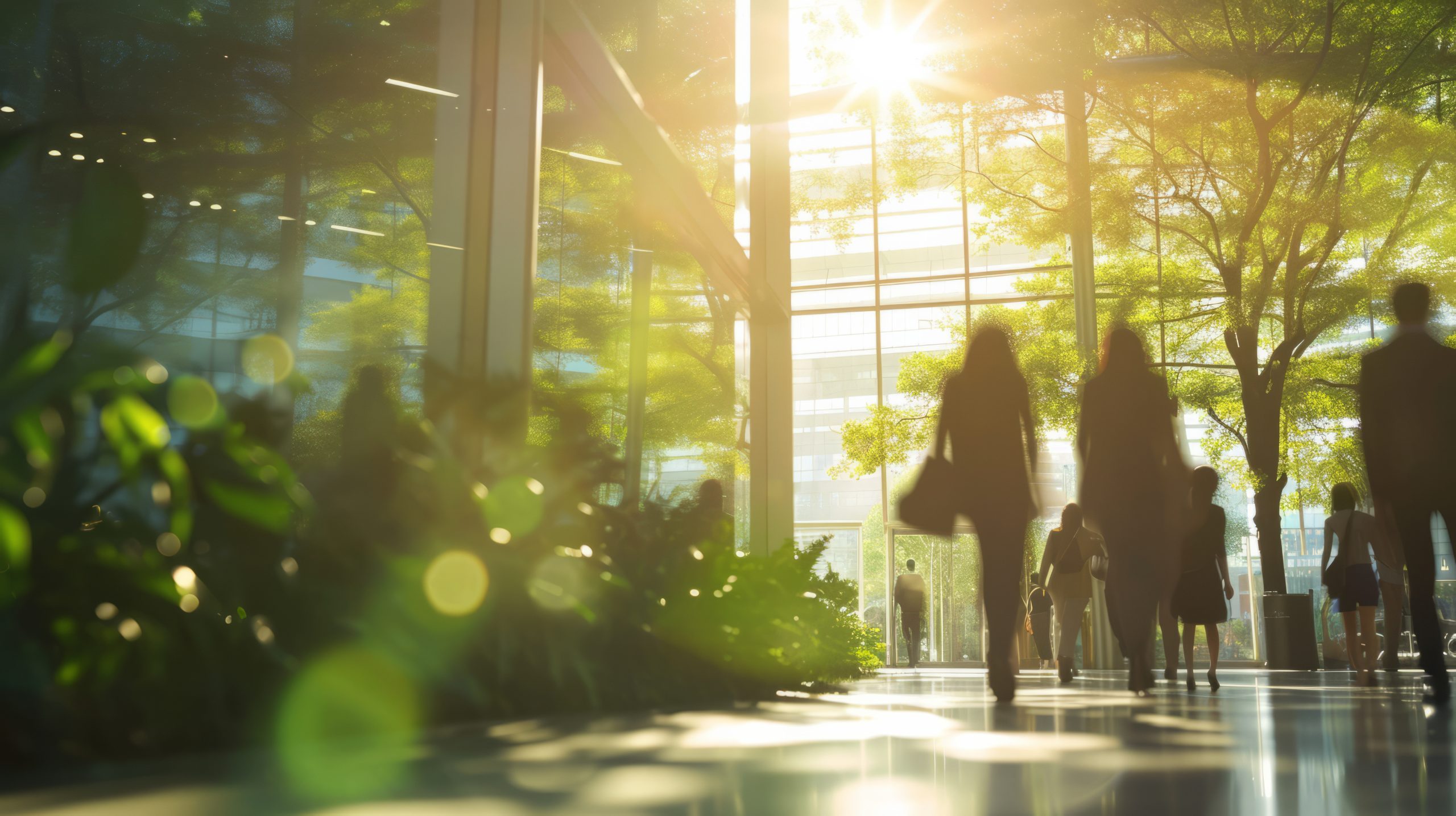 Blurred background of people walking in a modern office building with green trees and sunlight , eco friendly and ecological responsible business concept image with copy space